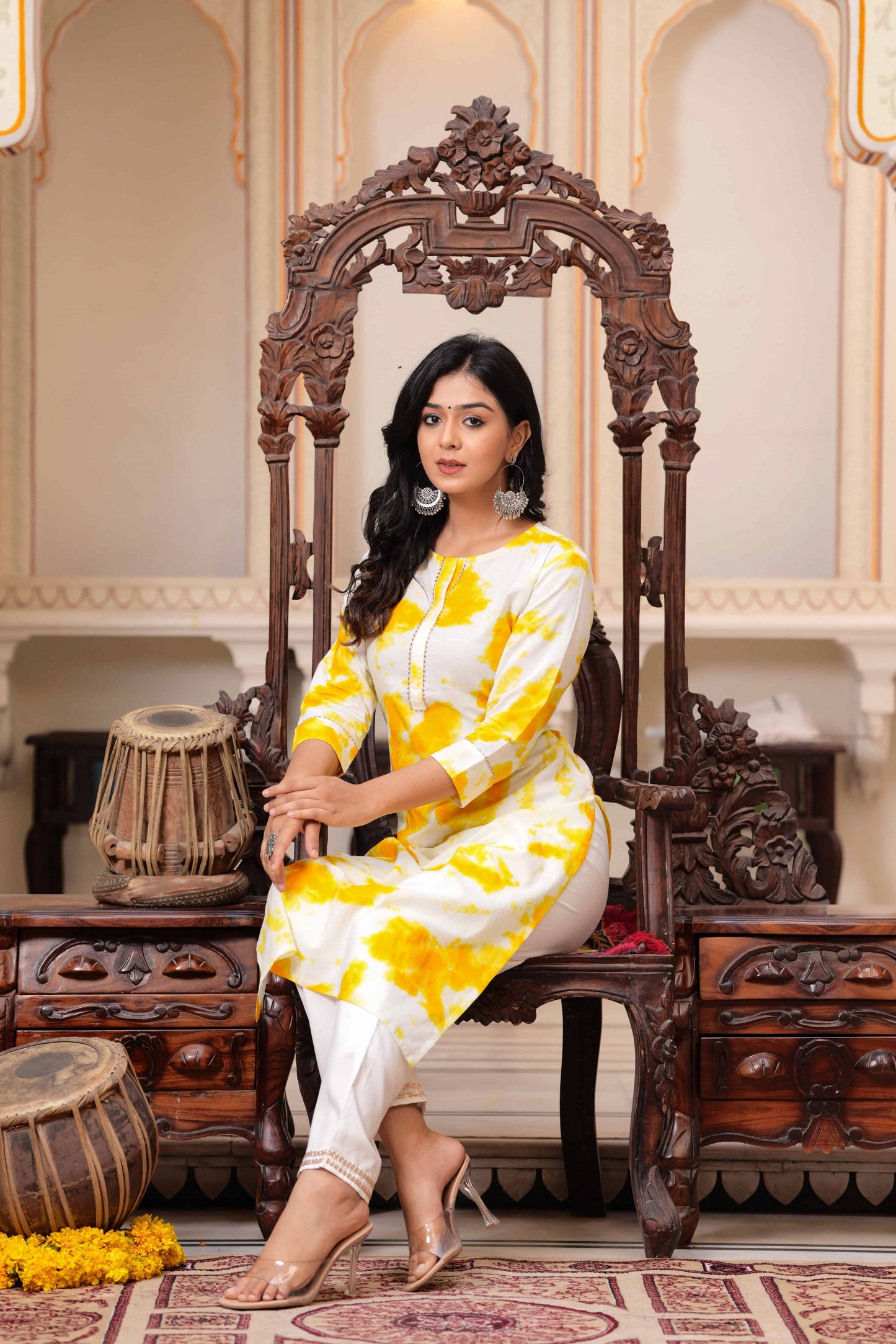 Yellow Round Neck Printed Regular Gotta Patti Pure Cotton Kurta with Trousers
