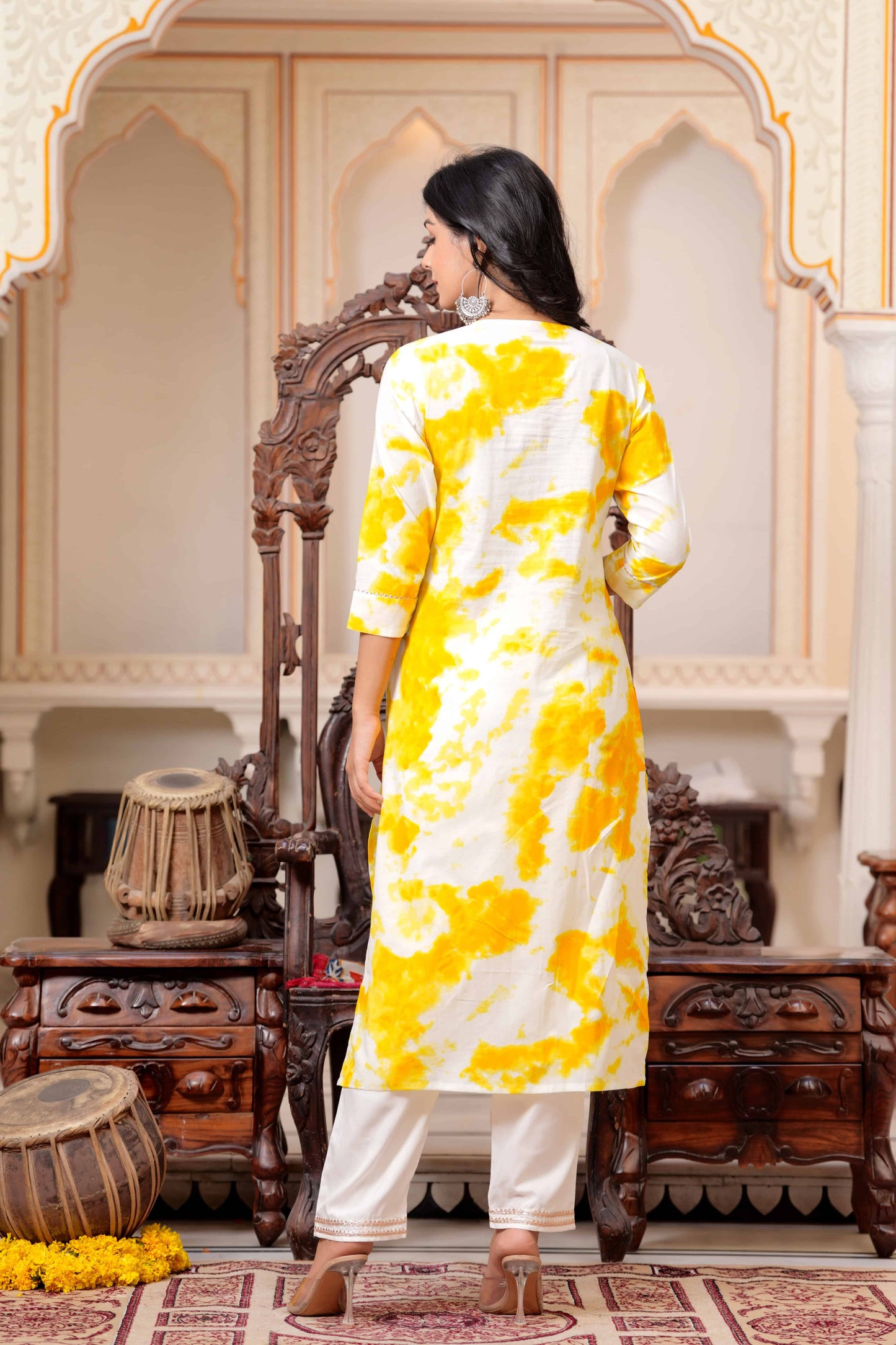 Yellow Round Neck Printed Regular Gotta Patti Pure Cotton Kurta with Trousers