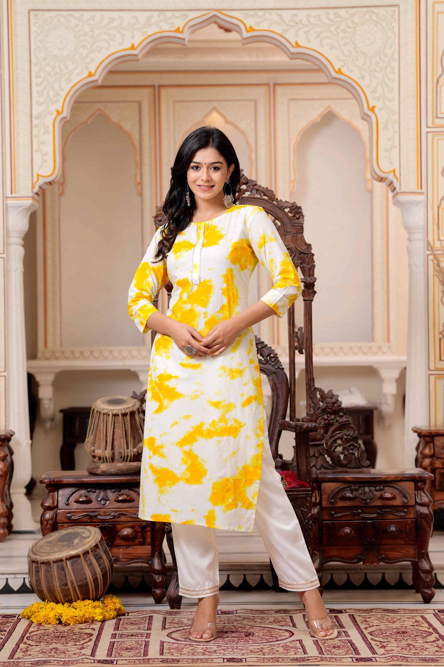 Yellow Round Neck Printed Regular Gotta Patti Pure Cotton Kurta with Trousers