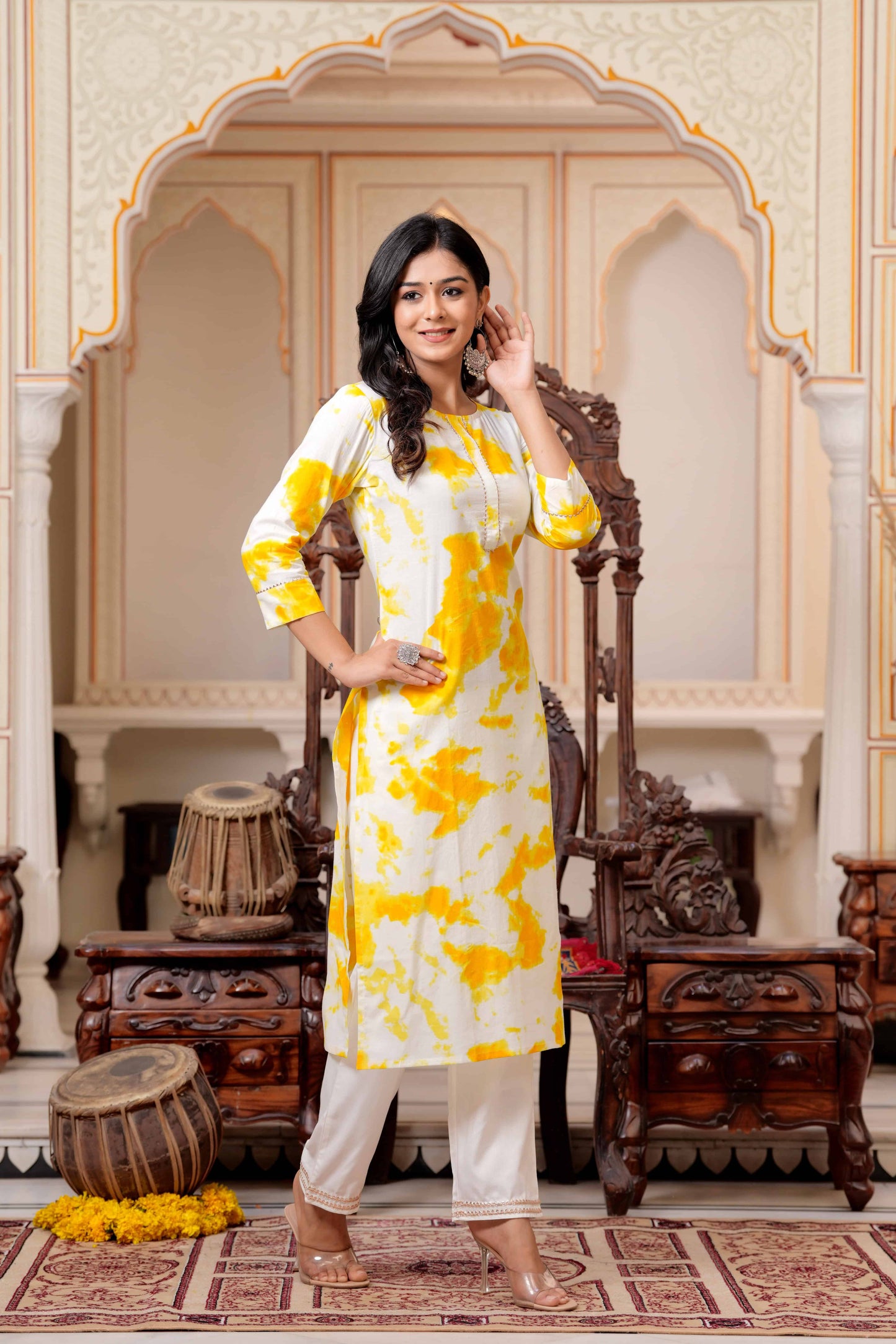 Yellow Round Neck Printed Regular Gotta Patti Pure Cotton Kurta with Trousers
